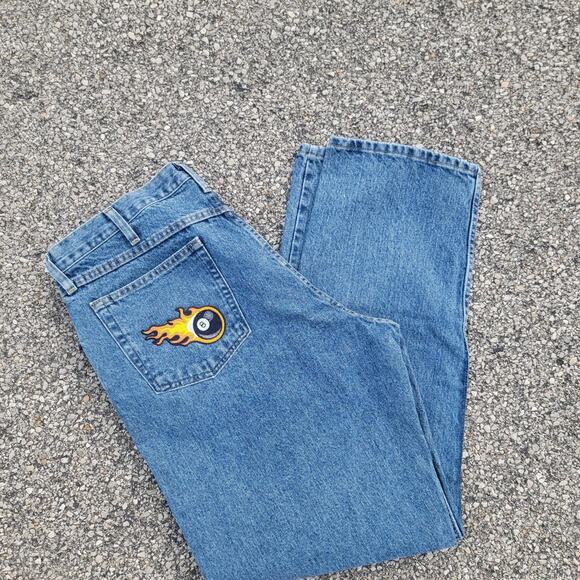 Custom embroidered flaming 8 ball jeans - Picture 1 of 5